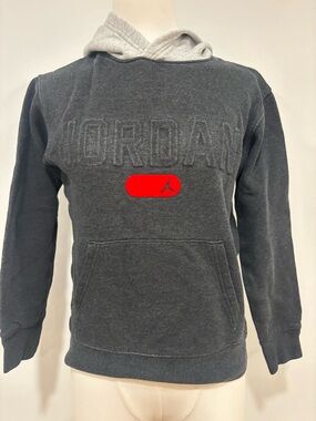 Jordan Men's Dark Gray Hoodie with Red Logo Patch and Light Gray Hood